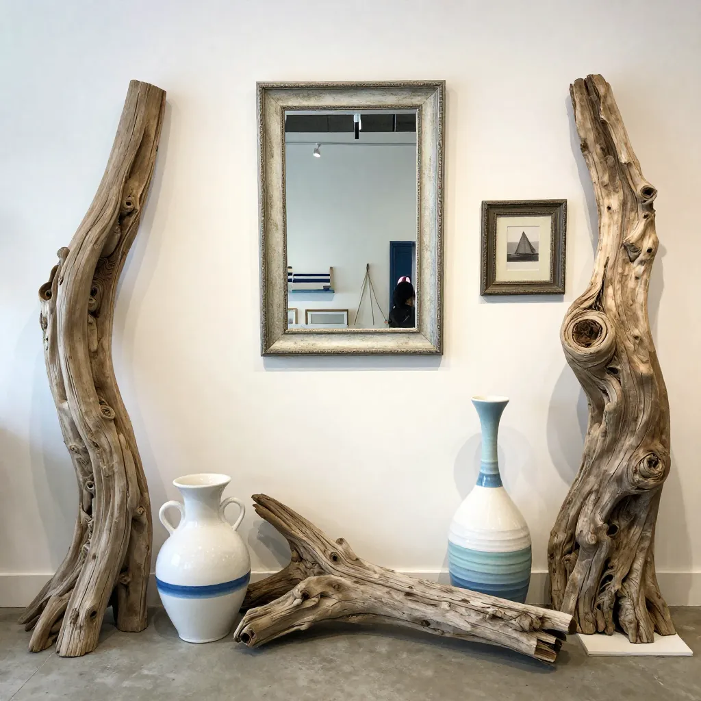 Sideboard with driftwood and plants